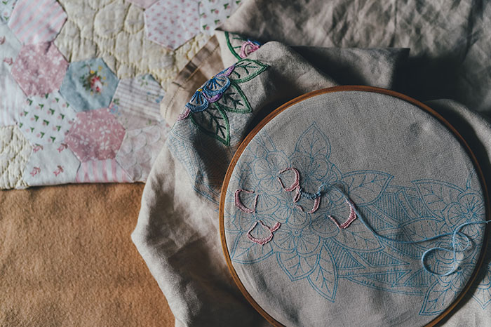 floral cross stitch on hoop