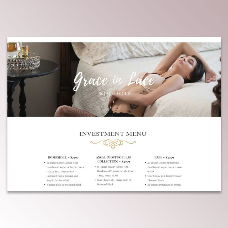 Grace in Lace Boudoir • Investment Menu • Wix Website